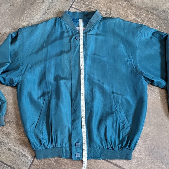 Lucky Star Vintage 100% Silk Luxury Lightweight Unisex Bomber Jacket Size L Teal - Picture 7 of 11